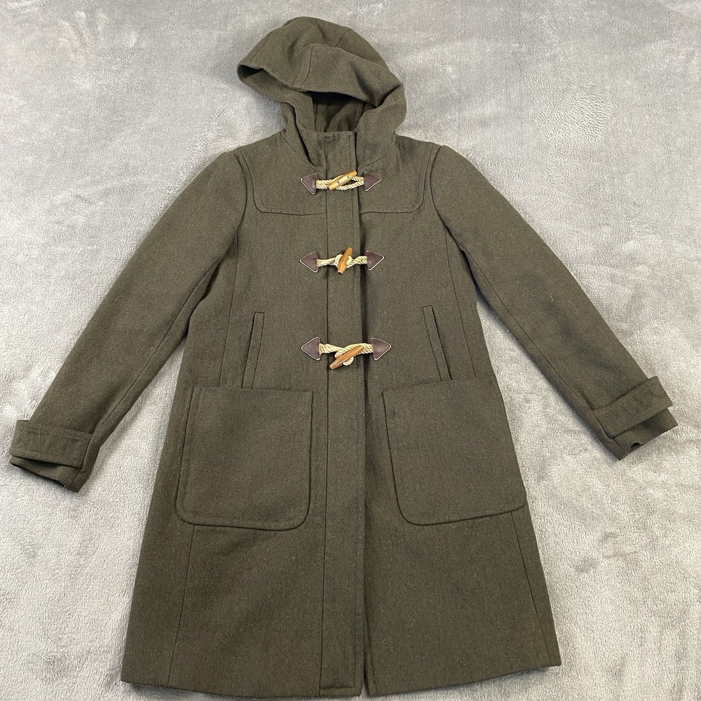 J Crew Pea Coat Womens 4 Melton Wool Long Hooded Green Zip Toggle Button Outdoor